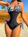 SHEIN Swim Vcay Ladies' One Piece Swimsuit With Zebra Pattern Print And Hollow Out Design