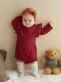 Baby Ruffle Trim Cable Knit Romper With Headband