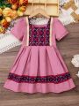 SHEIN Kids Nujoom Young Girl'S Exotic Style Vintage Princess Short Sleeve Dress, Perfect For Daily Wear And Festive Parties