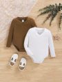 SHEIN Baby Girl 2pcs V-Neck Knitted Stretchy Comfortable Long Sleeve Romper