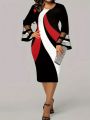 Plus Size Women's Colorblock Bell Sleeve Dress