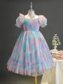 Girls' (Big) Tie-Dye Tulle Bubble Sleeve Party Dress