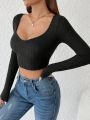 SHEIN PETITE Solid Color Long Sleeve Crop Top T-Shirt