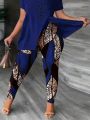 Plus Size Asymmetrical Neckline Top With Letter Print And Animal Pattern Patchwork, Hollow Out Leggings Two Piece Set