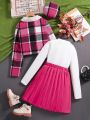 Teen Girls' Contrast Color Pleated Bust Cup Dress And Plaid Coat Set