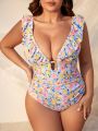 SHEIN Swim Mod Plus Size One-piece Swimsuit With Flower Print And Ruffle Trim