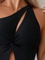 SHEIN Swim SXY Women'S One-Shoulder Sleeveless Hollow Out One-Piece Swimsuit