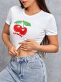 SHEIN PETITE Cherry Graphic Short Sleeve T-shirt