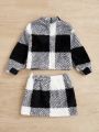 SHEIN Baby Buffalo Plaid Teddy Pullover & Skirt