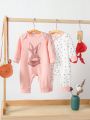 2pcs Baby Boys' & Girls' Casual Rabbit Printed Round Neck Romper Jumpsuit Set For Daily Wear, Autumn Winter