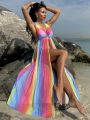 SHEIN Swim Classy Rainbow Striped Backless Halter Kimono Cover Up