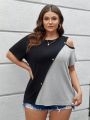 SHEIN LUNE Plus Size Women'S Contrast Color Off Shoulder T-Shirt