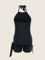 SHEIN Swim Classy Women'S Vest Strap Bikini, Wire-Free, Black, With A Bandage Right-Angle Pant