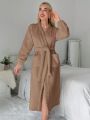 Women's Plush Robe With Heart Embroidery And Waist Belt