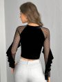 SHEIN Privé Polka Dot Sheer Sleeve Design Elegant Cropped T-shirt With Ruffle Hem