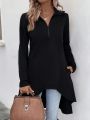 Irregular Hem Zipper Half Placket Long Sleeve T-shirt