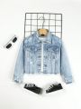 Young Girl 1pc Flap Detail Raw Hem Denim Jacket