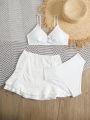 SHEIN Teen Girls 3pcs Plain Bikini Swimsuit With Ruffle Hem Beach Skirt