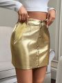 SHEIN Privé Women'S Metallic Coated Midi Skirt