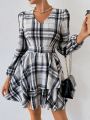 SHEIN Privé Women'S Gingham Double Layered Ruffle Hem Dress