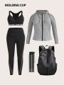 Yoga High Street Plus Size Sports Three Piece Zipper Jacket Line Trousers Letter Tape Bra