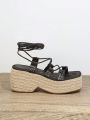 Lace-Up PU Open Toe Wedge Sandals