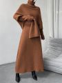 SHEIN Essnce Turtleneck Batwing Sleeve Loose Sweater & Midi Skirt Set