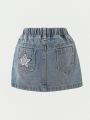 Little Girls' Washed & Distressed A-line Denim Skirt With Star Decor