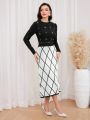 SHEIN Modely Geo Pattern Pearls and Rhinestone Beaded Sweater Dress