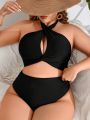 SHEIN Swim Vcay Plus Size Women's Solid Color Cross Neckline Two Piece Swimsuit Set