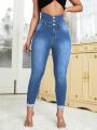 Ultra High Waist Button Fly Skinny Jeans