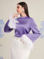 SHEIN Modely Feather Decorated Flared Sleeve Satin Blouse