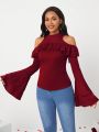 SHEIN Lady Hollow Out Shoulder Bell Sleeve T-Shirt