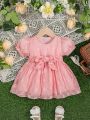 Baby Girl Floral Jacquard Puff Sleeve Belted Dress