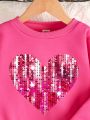 Girls' Casual Heart Shaped Glitter Details Long Sleeve Sweatshirt With Round Neck For Fall And Winter