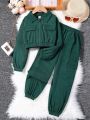 SHEIN Tween Girls' Functional Style Corduroy Jacket With Pockets And Zipper Closure + Pocketed Cargo Pants Two Piece Set