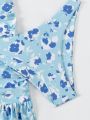 SHEIN Swim Mod Women's Flower Print Swimsuit Set With Matching Skirt