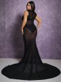 Berry Plus Mock Neck Fishnet Mesh Maxi Dress Without Lingerie Set