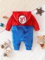 SHEIN Infant Boys' Velvet Hooded Dress Up Jumpsuit With Letter Patchwork