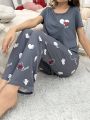 Colorful Heart Pattern Printed Short Sleeve Top And Pants Pajamas Set