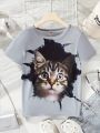 SHEIN Kids QTFun Girls' 3d Cat Printed Short Sleeve T-Shirt