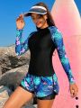 SHEIN Swim SPRTY Women's Long Sleeve Tropical Plant Print Bikini Set