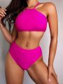 SHEIN Swim SPRTY Solid Color High-waisted Cutout Two-piece Swimsuit