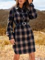 SHEIN LUNE Plaid Buttoned Casual Long Sleeve Dress