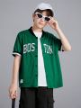 SHEIN Kids SPRTY Boys' Loose Sports Letter Baseball Collar Short-Sleeved Shirt