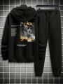 Extended Sizes Men Plus Slogan Graphic Drawstring Hoodie & Sweatpants