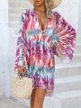 SHEIN Swim BohoFeel Random Tie Dye Deep V-Neck Asymmetrical Hem Cover Up Dress