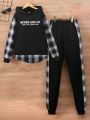 Teen Boys' Slogan Print Plaid Panel Hoodie And Sports Pants Two Piece Set For Fall/Winter