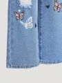 Girls' Butterfly Print Distressed Straight Leg Jeans, For Tween