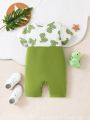 SHEIN Baby Boys' Casual Cute Dinosaur Pattern Embroidery Color-Block Short Sleeve Jumpsuit For Fall